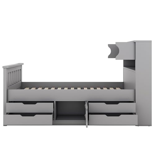 Harper & Bright Designs Twin Size Captain Platform Bed with Bookcase Headboard, Wood Twin Bed Frame with Storage Drawers and Shelves