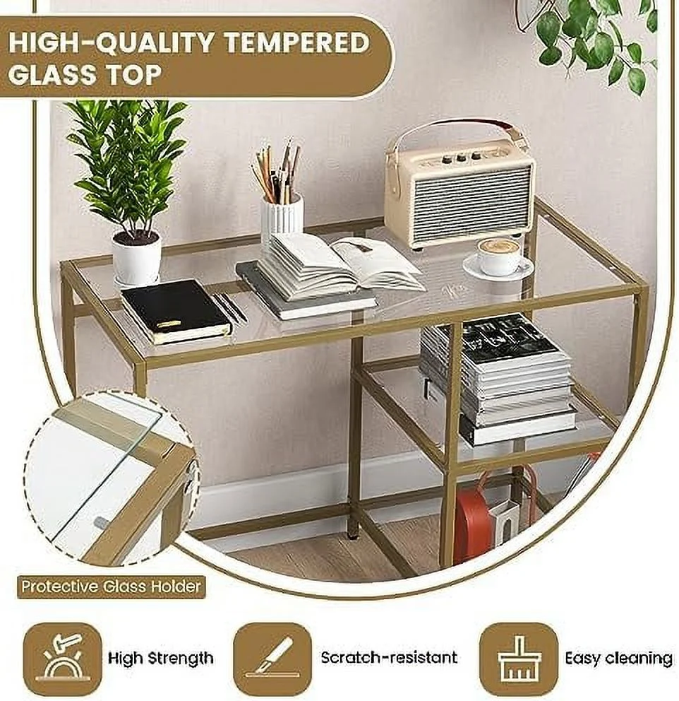 HJZBNONE Tempered Glass Computer Desk with 2-Tier  Shelves  Modern Computer Workstation  Vanity Makeup Table  Sturdy Metal Frame  Home Office Desk