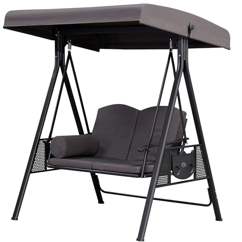 PURPLE LEAF Outdoor Patio Porch Swing with Adjustable PVC Canopy, 3-seat Swing Chair Bench with Side Cup Holder for Backyard Front Porch Lawn
