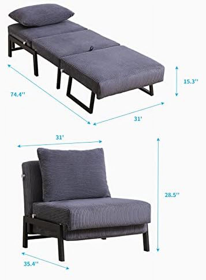 TJUNBOLIFE Pull Out Sleeper Chair Velvet Fabric Chair Bed with Memory Foam Foldable Futon Chair with Metal Leg Armless Sofa Chair Bed for Living Room