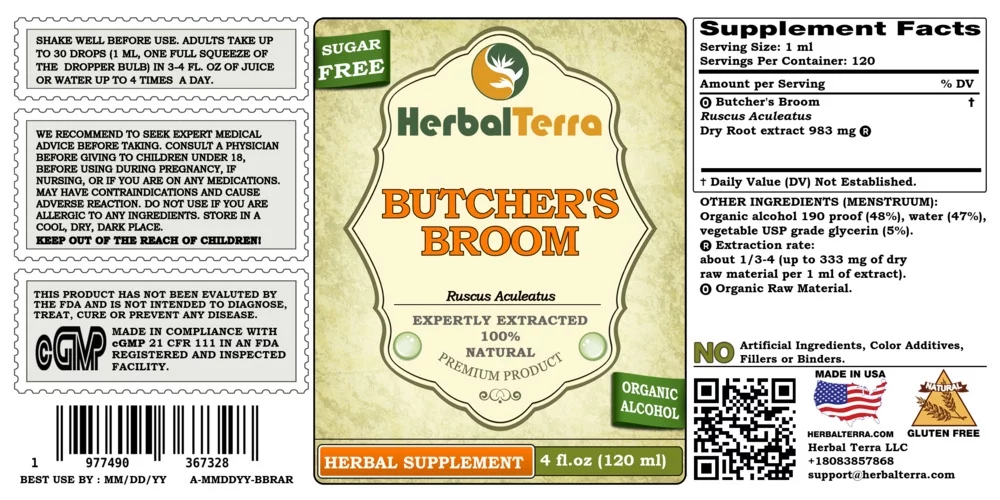 Butcher's Broom Dry Root Absolutely Natural Expertly Extracted by Trusted HerbalTerra Brand Certified Organic Alcohol-Based Liquid Extract. Proudly