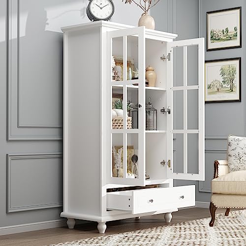 Hitow Tall Bookshelf White Bookcase with Glass Doors, Wooden Display Cabinet with 4-Tier Shelf & 2 Drawers, Pantry Cabinet for Home Office