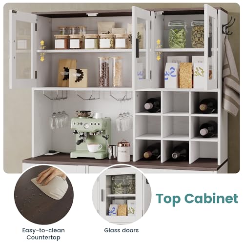 ANCTOR Kitchen Hutch Cabinet with Storage Tall Pantry Storage Cabinet with Glass Doors, Power Outlet, Microwave Stand, Adjustable Shelves, Drawer