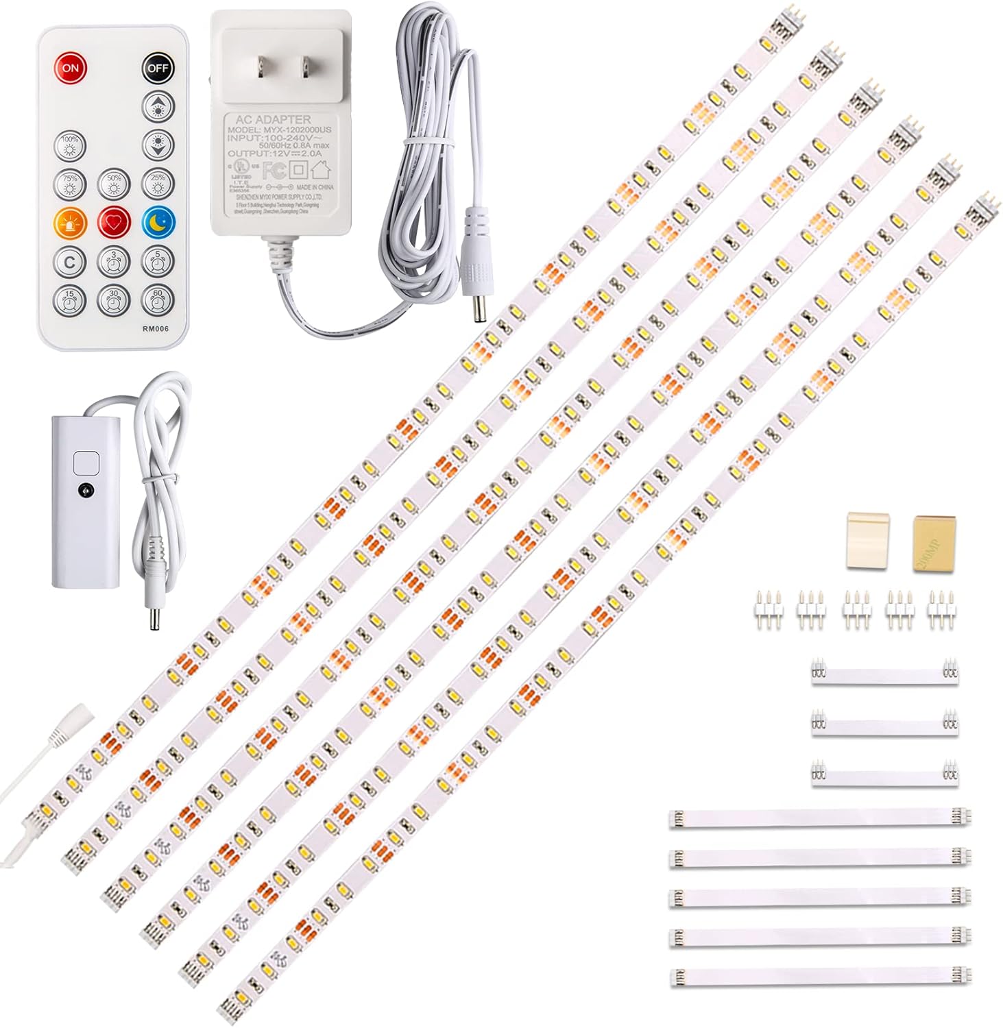 WOBANE Under Cabinet LED Lighting kit, 6 PCS LED Strip Lights with Remote Control Dimmer and Adapter, Dimmable for Kitchen Cabinet,Counter,Shelf