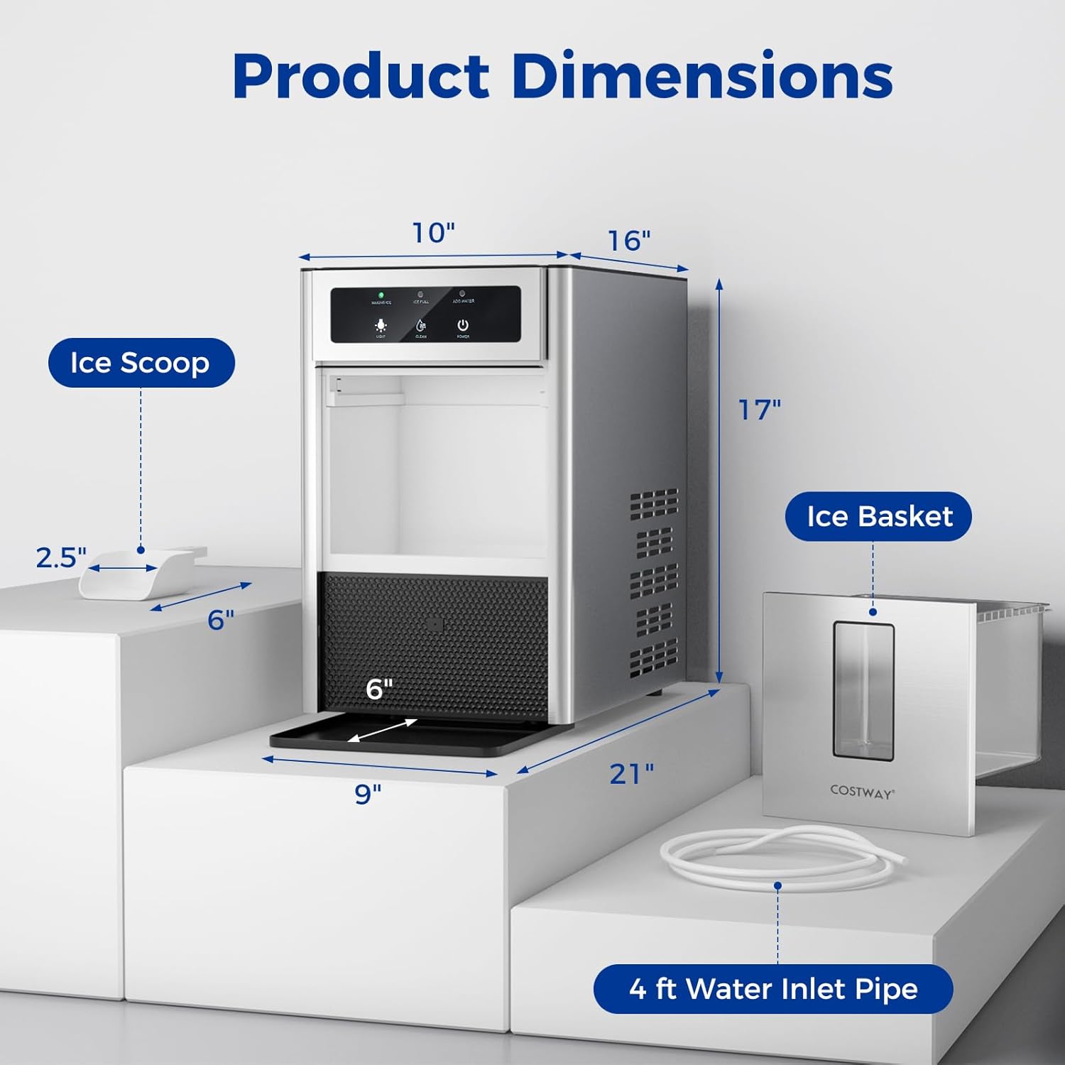 COSTWAY Nugget Ice Maker Countertop, 40 Lbs/24H Soft Ice, Pebble Ice Maker with Self-Cleaning Function, LED Light, Manual and Auto Water Refill