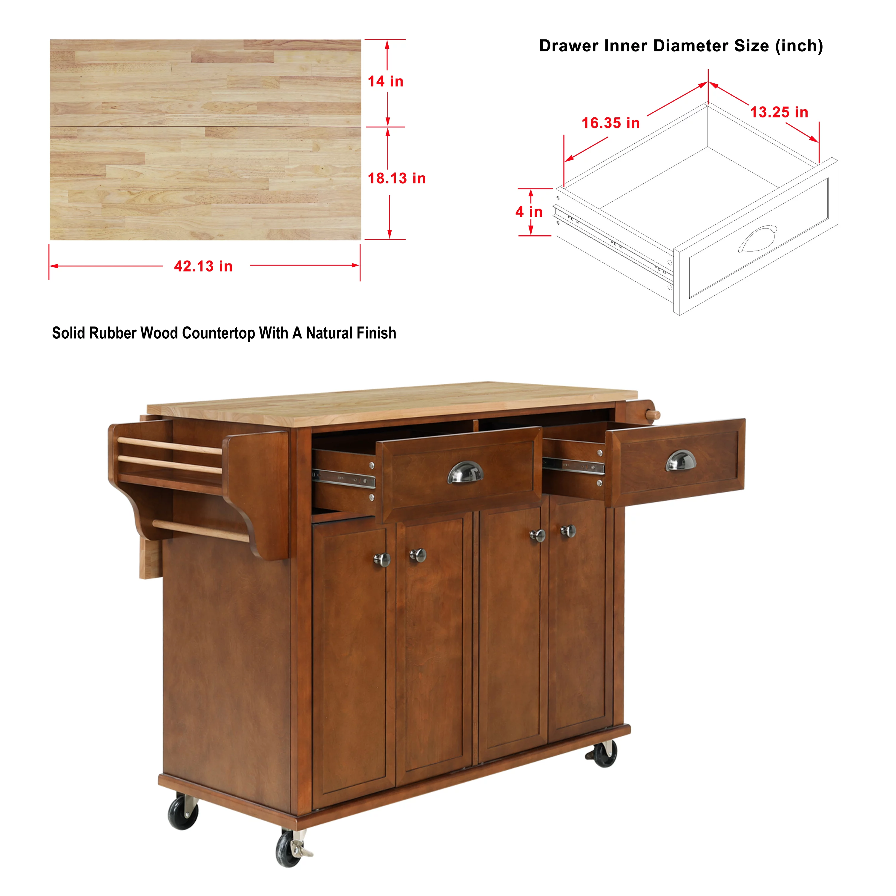 Rolling Kitchen Island Cart with Large Storage Cabinet on Wheels, Solid Rubberwood Countertop with Drop Leaf, Greenguard Gold Certified, 4-Droors