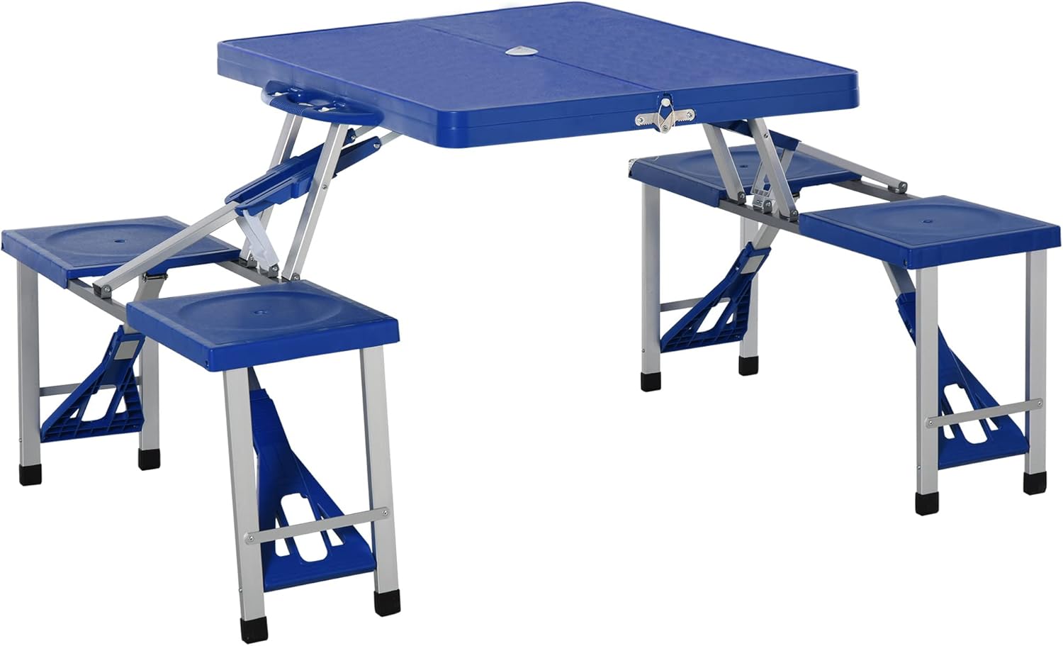 Outsunny Portable Foldable Camping Picnic Table Set with Four Chairs and Umbrella Hole, 4-Seats Aluminum Fold Up Travel Picnic Table, Blue
