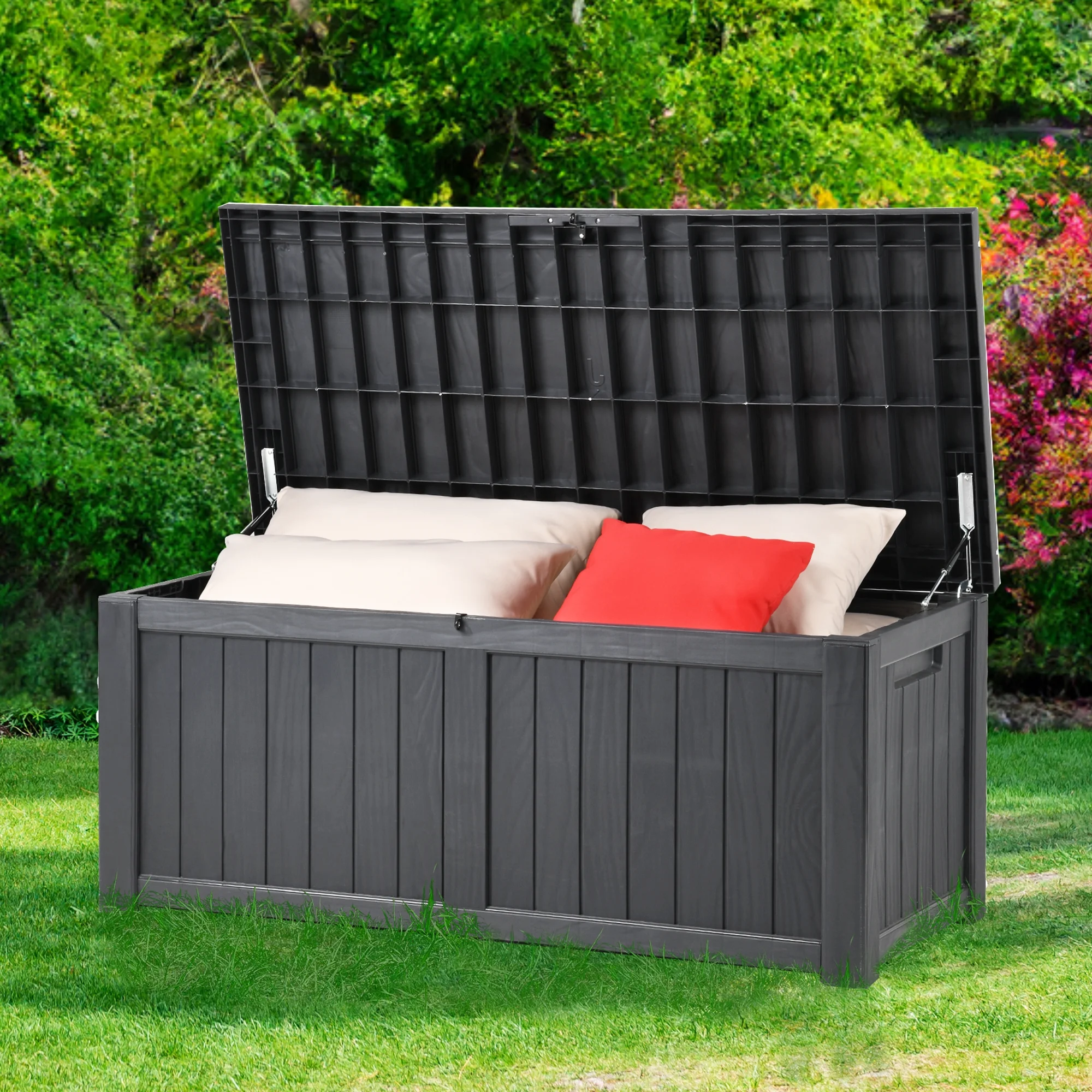 Dextrus Outdoor Storage Deck Box 120 Gallon - Large Resin Patio Storage for Outdoor Pillows, Garden Tools and Pool Supplies