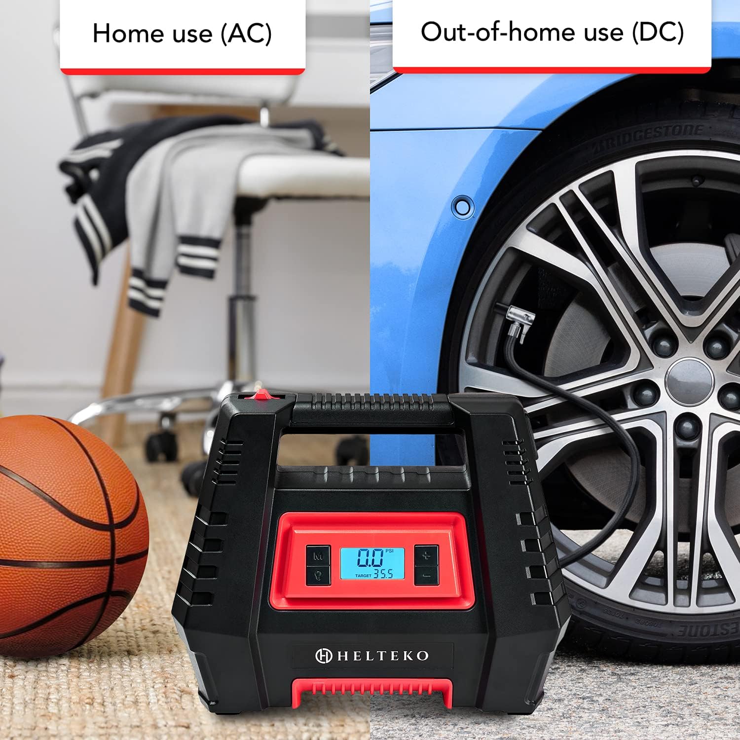 Helteko Air Compressor Tire Inflator AC/DC, Electric Digital Tire Pump for Car 12V and Home 110V, Portable Air Pump with Auto Shut-Off