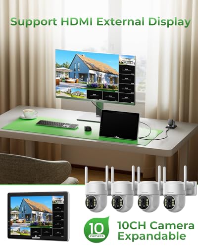CAMCAMP Solar Security Cameras Wireless Outdoor with 10" Monitor, 10CH NVR 2K Solar Home Security Camera System with 360° Color Night Vision