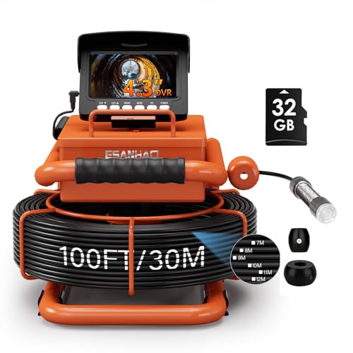 Sewer Camera 100FT/30M Borescopes Plumbing Snake Pipe Inspection Camera DVR & Audio Recorder 22mm with 5600Mah Battery 4.3" IPS Screen 12 LEDs HD