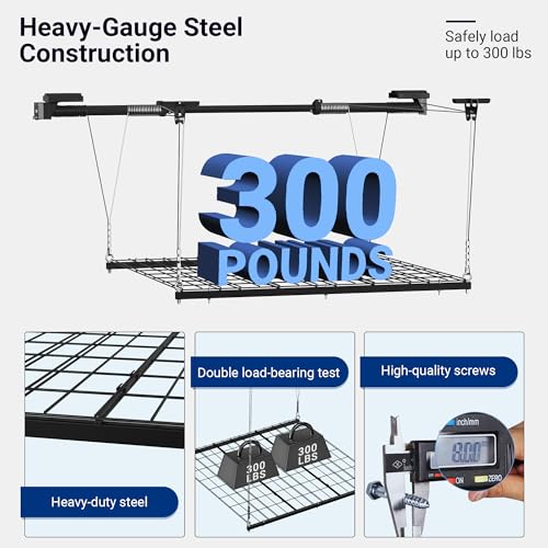 FLEXIMOUNTS Garage Lifting Metal Rack, 4x4 Ft Overhead Garage Storage Racks, Adjustable Heavy-Duty Ceiling Organization System, 300lbs Weight
