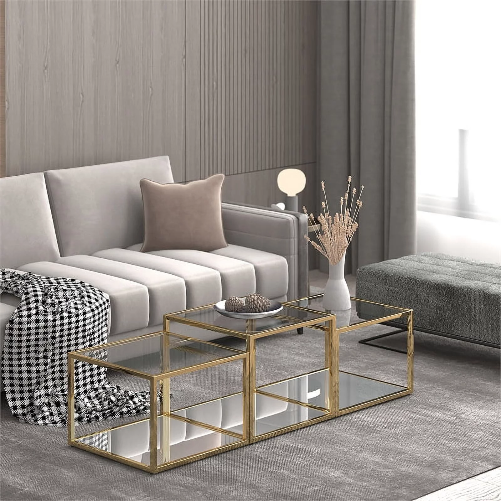 Casini 3-Piece Contemporary Metal and Glass Coffee Table Set in Gold