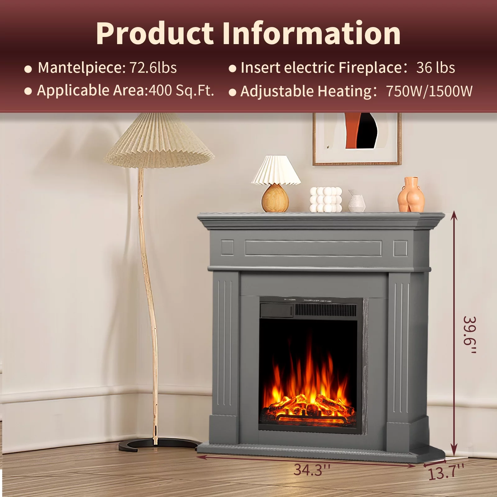 LHRIVER Freestanding Wooden Frame Fireplace with TV Stand, Electric Fireplace Mantel Heater, Various Brightness & Realistic Flames & Remote Control