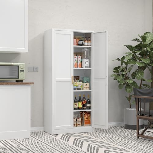71" Tall Metal Storage Cabinet, Kitchen Pantry Storage Cabinets with Doors and 4 Shelves, White Pantry Cabinet, Utility Kitchen Cupboard