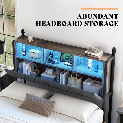 AMERLIFE Full Size Bed Frame with Bookcase Headboard, 4 Storage Drawers, Wooden Platform Bed with Charging Station & LED Light, No Box Spring Needed