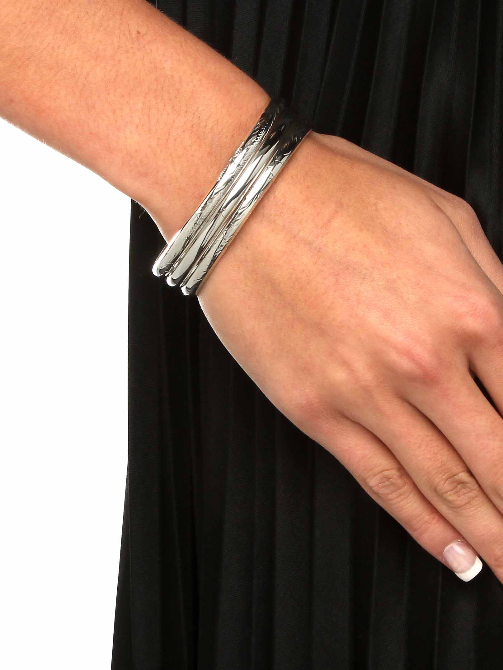 PalmBeach Jewelry Polished, Engraved and Floral Three-Piece Bangle Set in Yellow Gold-Plated or Sterling Silver
