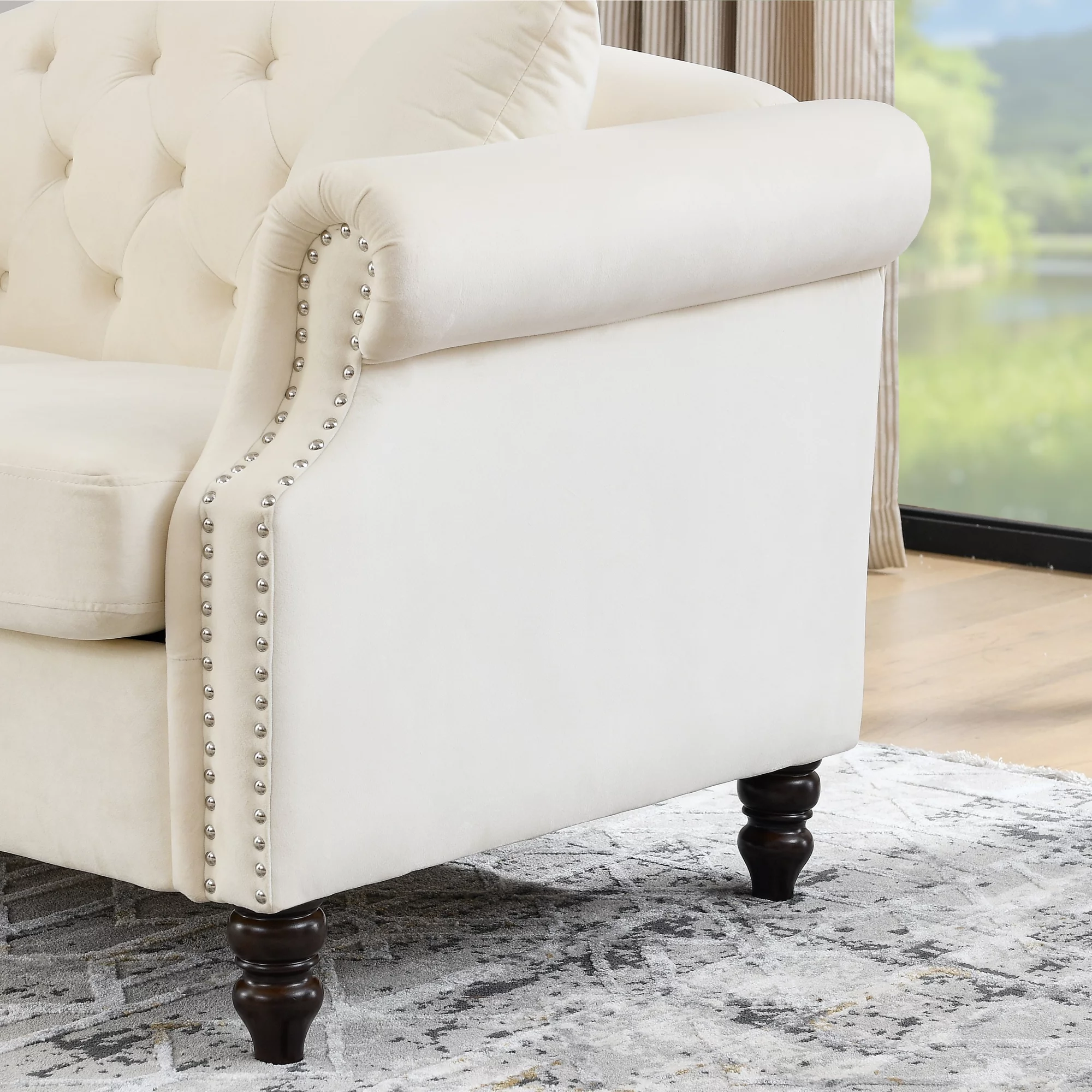 57" Chesterfield Sofa Grey Velvet for Living Room, 2 Seater Sofa Tufted Couch with Rolled Arms and Nailhead for Living Room, Bedroom, Office