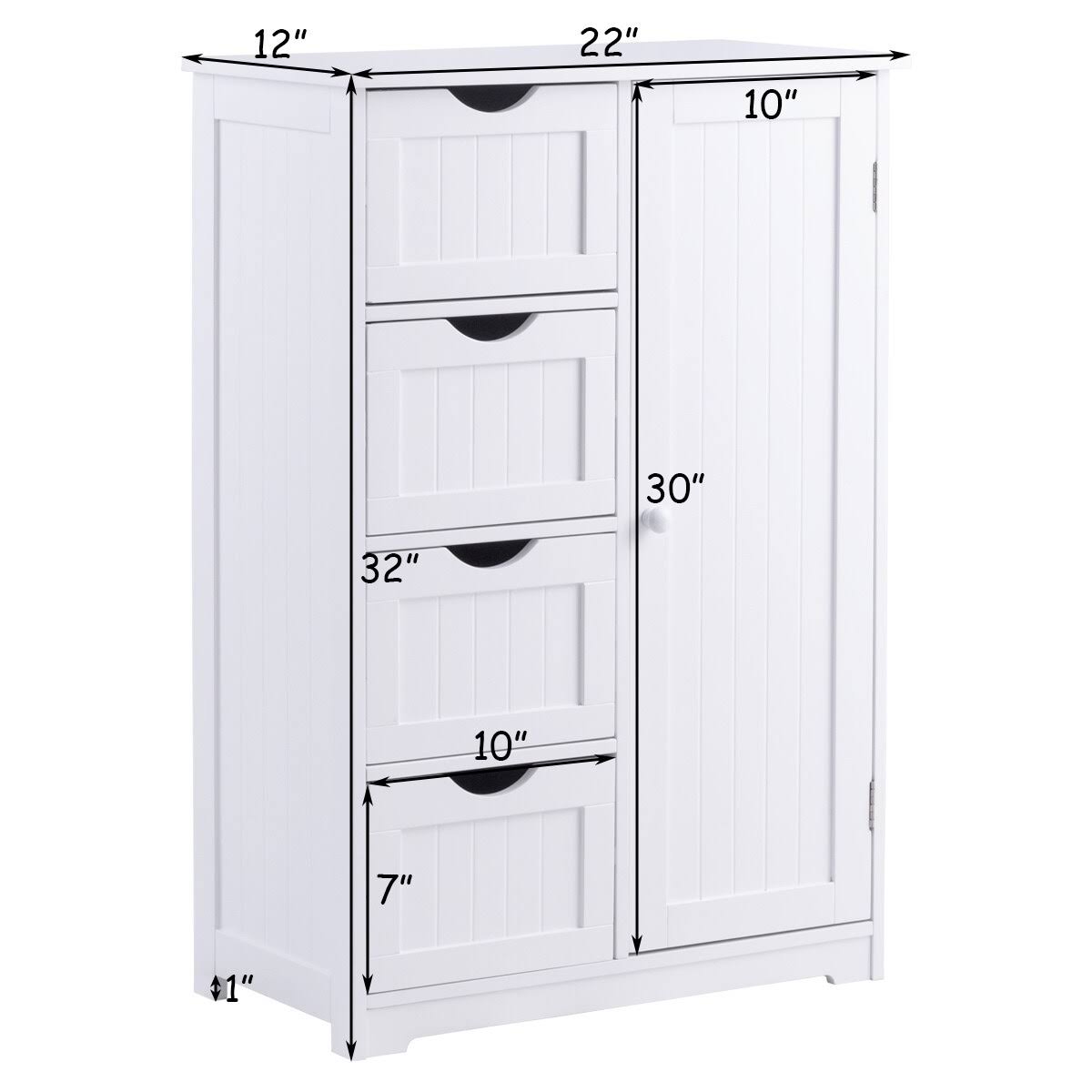 4-Drawer White Wooden Bathroom Cabinet Free Standing Cupboard