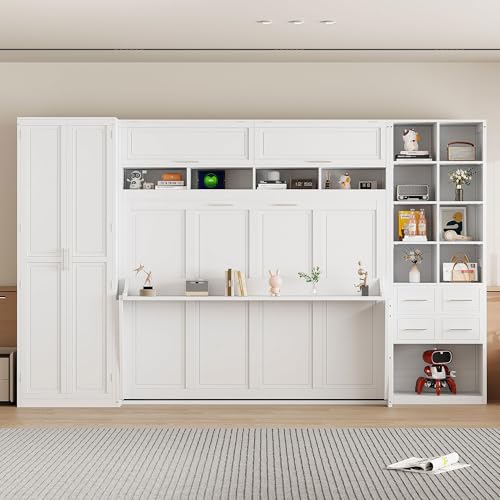 SOFTSEA Queen Size Murphy Bed with Desk, Horizontal Murphy Bed with Storage Wardrobe Drawers and Shelves, Hidden Wall Bedframe for Guest Room