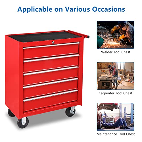 TUFFIOM 5-Drawer Rolling Tool Chest w/Drawers & Lock, Tool Storage Cabinet with Lockable Wheels, Top Cushion & Drawer Liners