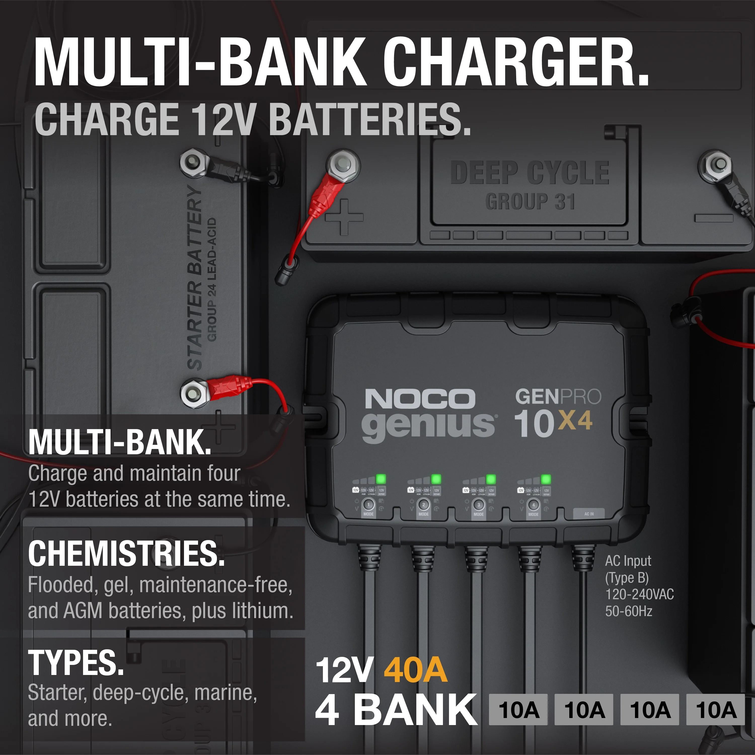 NOCO Genius GENPRO10X4 4-Bank 40A (10A/Bank) 12V Onboard Battery Charger