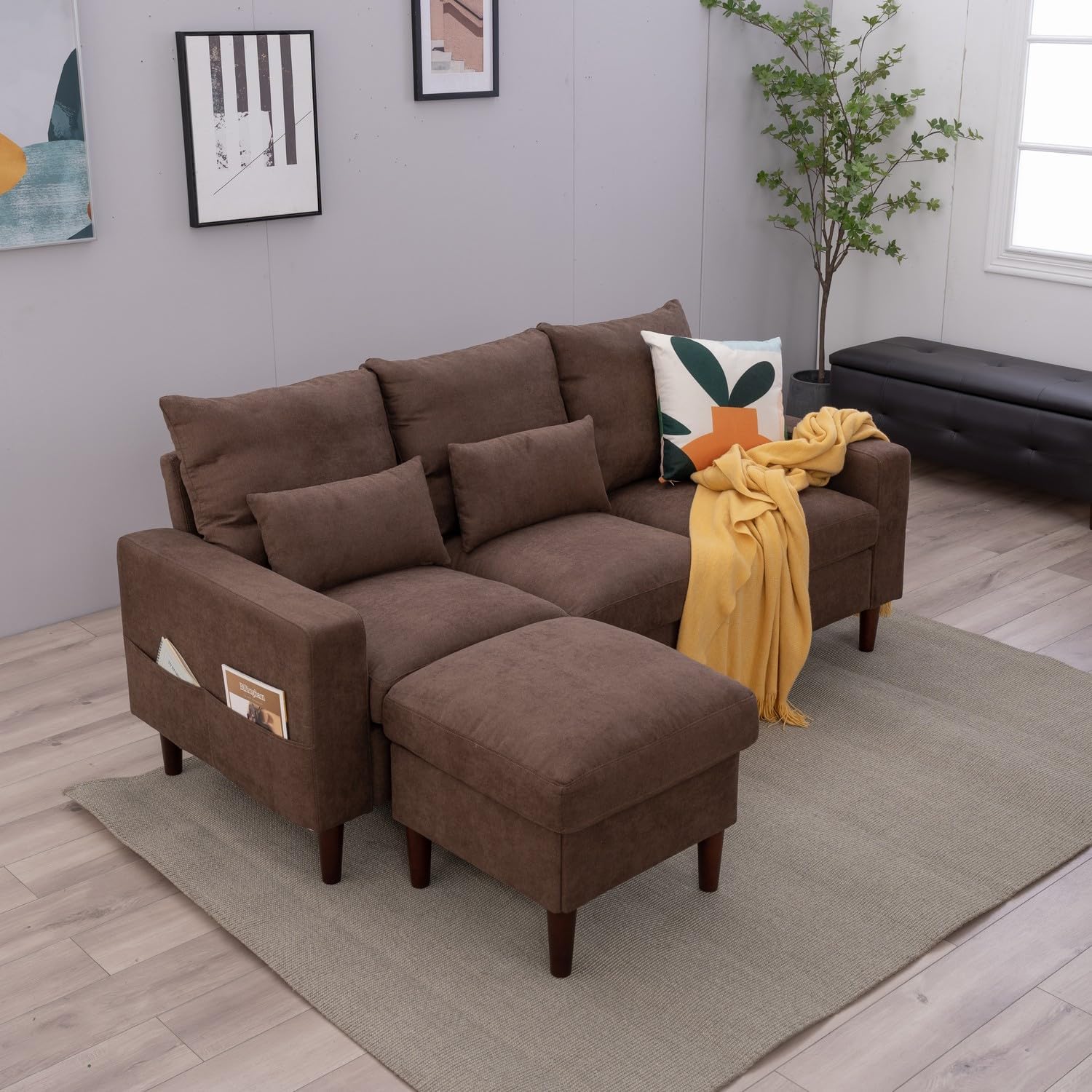 Panana Convertible Sectional Sofa Couch Modern L-Shaped Couch 3 Seat Fabric Sofa for Small Space (Brown)