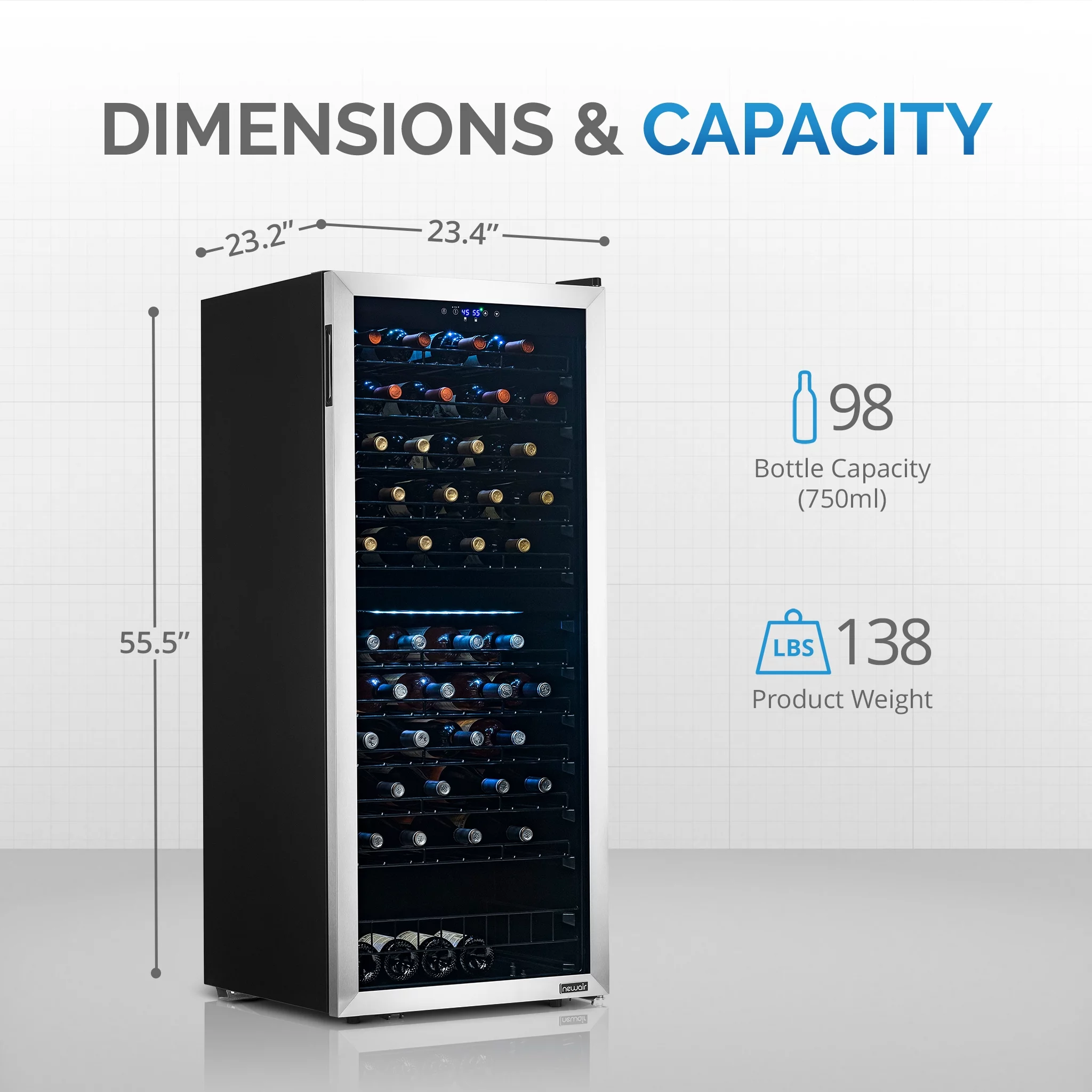 Newair Freestanding Wine Refrigerator, 98 Bottle Dual Zone Compressor Wine Fridge in Stainless Steel