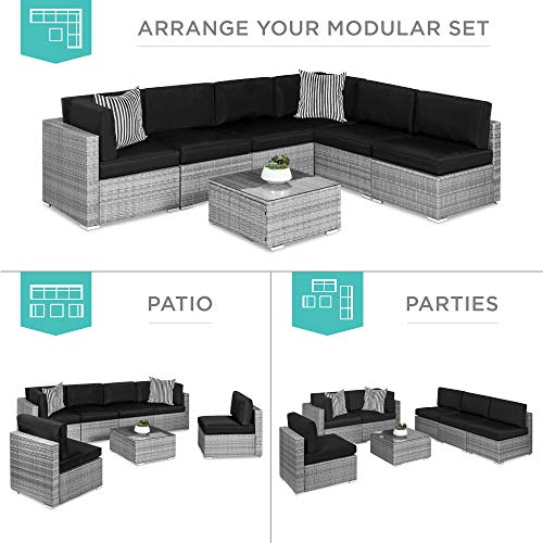 Best Choice Products 7-Piece Modular Outdoor Sectional Wicker Patio Conversation Set w/ 2 Pillows, Coffee Table, Cover Included - Gray/Navy