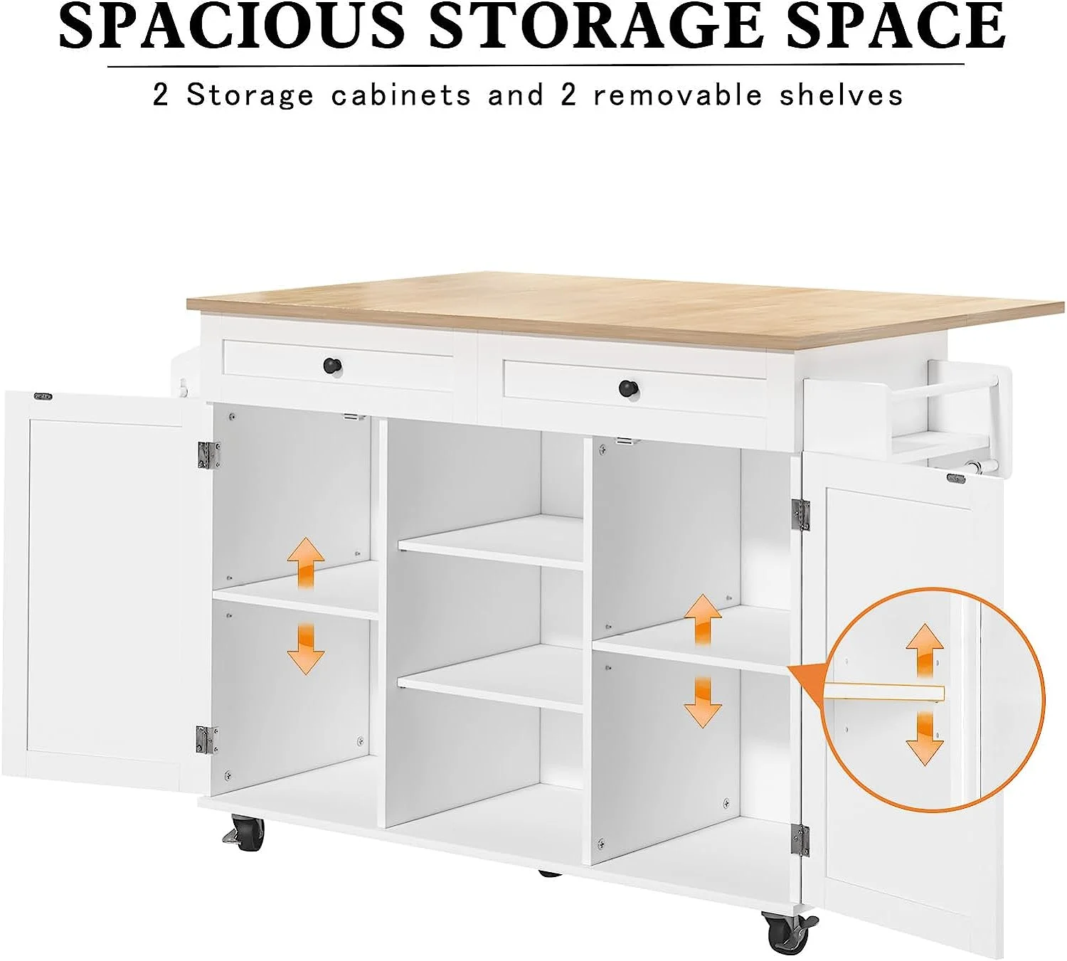 HLR Kitchen Island on Wheels, Kitchen Island with Storage&Drop Leaf, Island Table for Kitchen，White