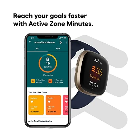 Fitbit Versa 3 Health & Fitness Smartwatch with GPS, 24/7 Heart Rate, Alexa Built-in, 6+ Days Battery, Midnight Blue/Gold