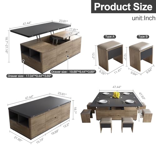 Multifunctional Lift-Top Coffee Table with 4 Stools, 3-in-1 Center Table, Space Saving Folding Dining Table,Lifting Coffee Table for Living Room