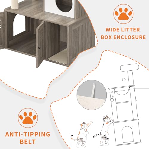 Litter Box Enclosure with Cat Tree Tower and Condo,Hidden Pet Washroom Furniture with Sisal Scratching Post,Hammocks,Condo,Multiple Platform