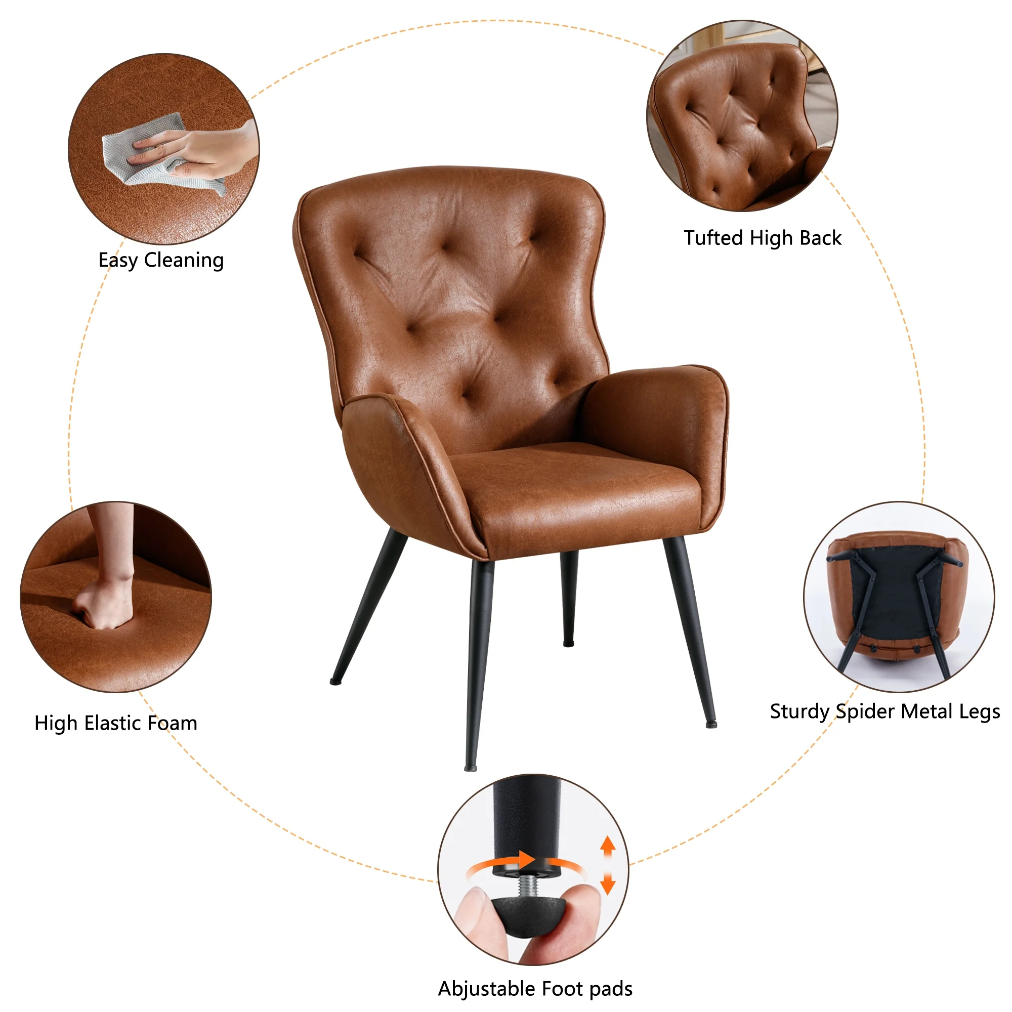 BFZ Faux Leather Accent Chair with High Back Design, Armchair with Metal Legs in Modern Style, Comfy Upholstered Wingback Chair for Living Room