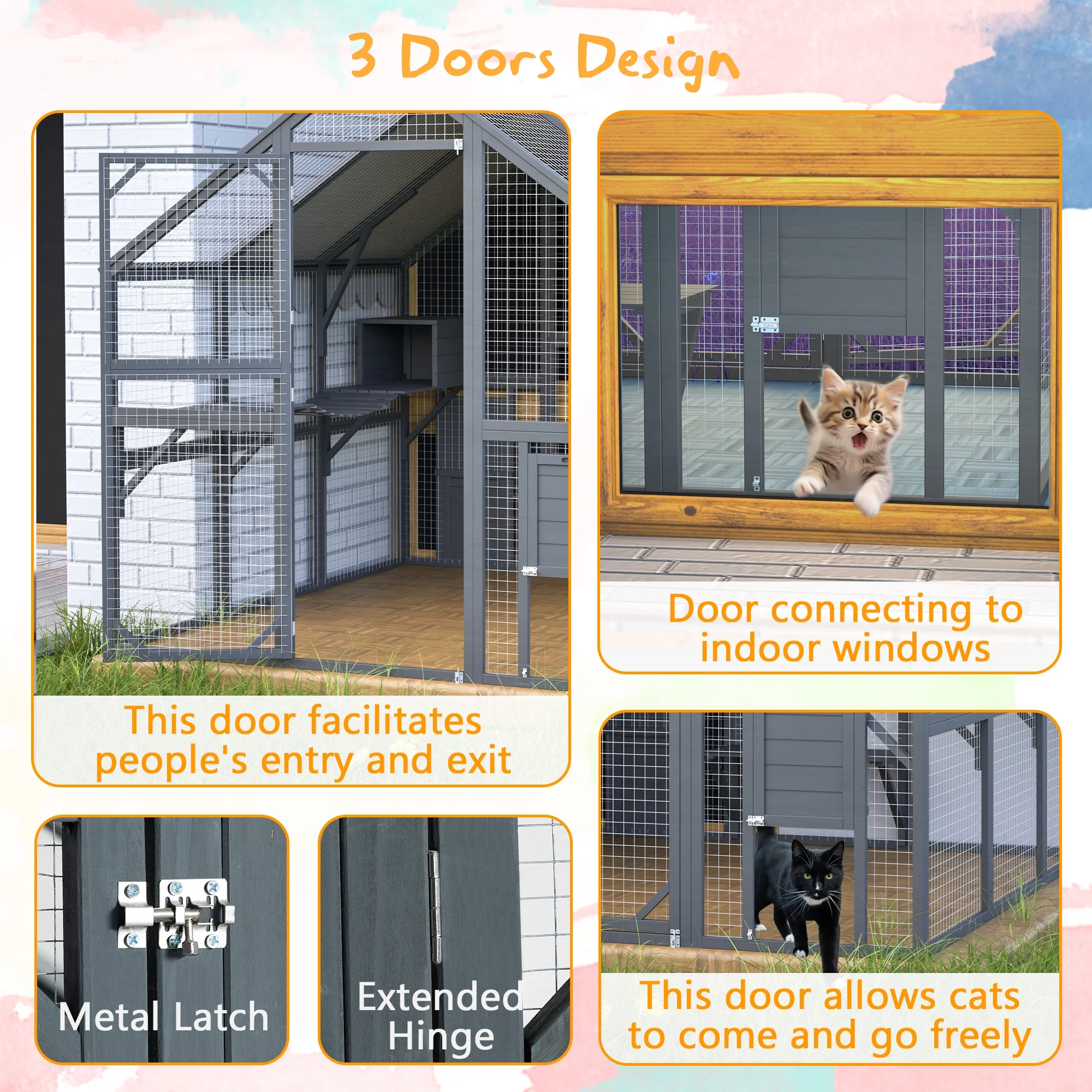 Montary Catio Outdoor Cat Enclosure with Window Access, 4-Tier Cat House with Wheels, Waterproof Roof &amp; Resting Box, Large Gray Cage