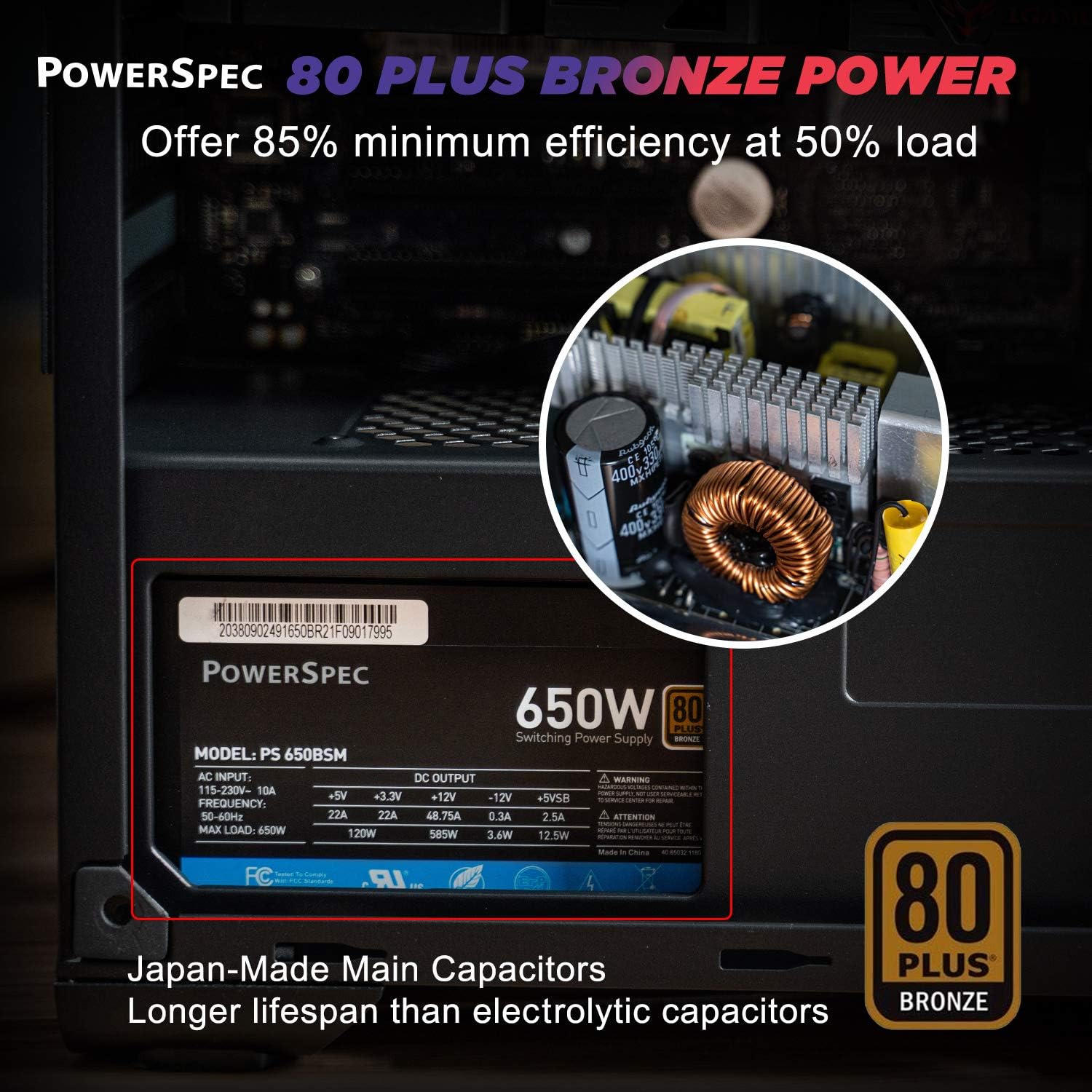 PowerSpec 650W Power Supply 80 Plus Bronze Certified Fixed Cable Non-Modular ATX PSU Active PFC SLI Crossfire Ready Gaming PC Computer Switching