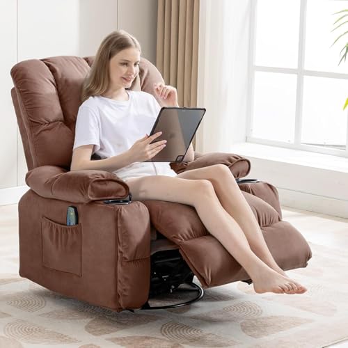COMHOMA Recliner Chair, Swivel Rocker Recliner with Cup Holders, Heat and Massage, Fabric Recliners Sofa for Living Room (Brown)