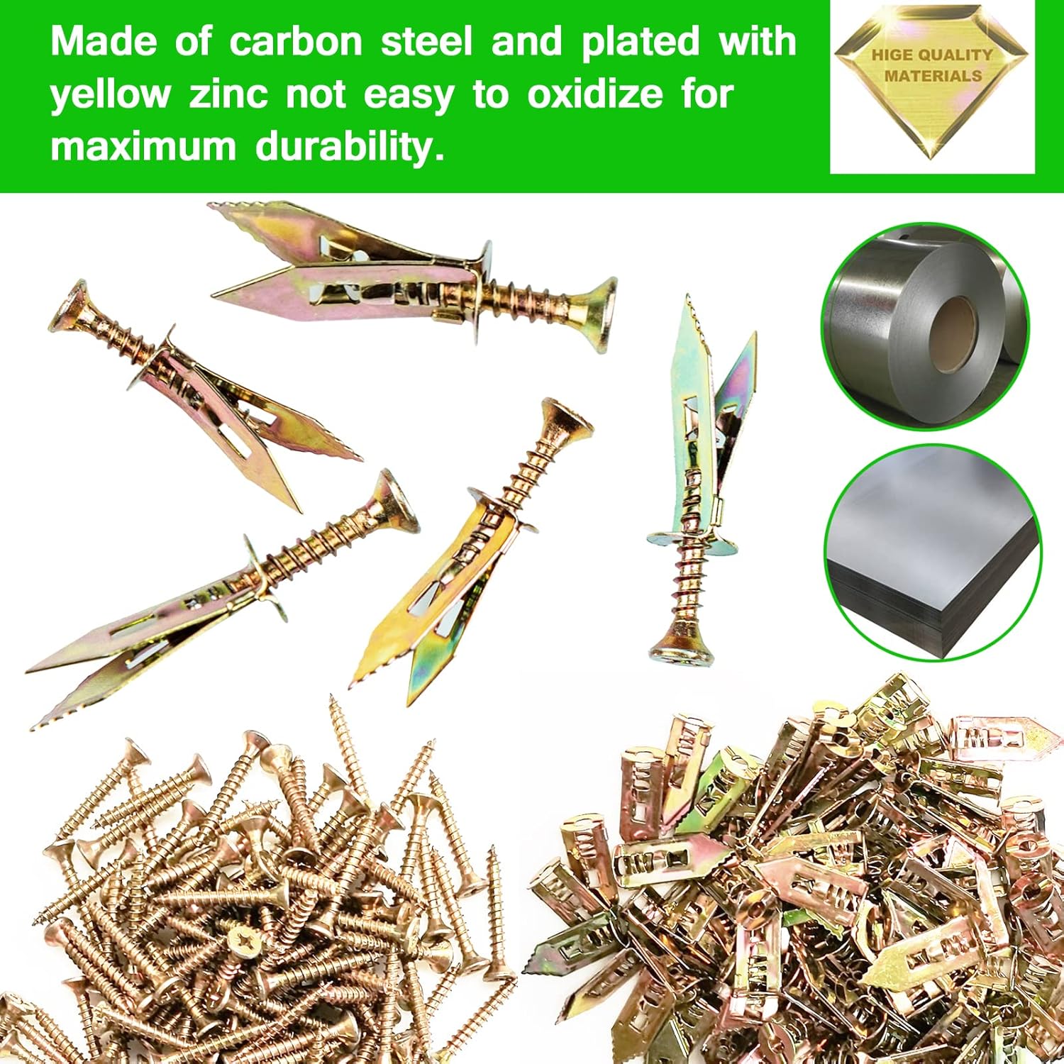 200 PCS Zinc Plated Steel Self-Drilling Anchors，Self Drilling Drywall Anchors Easy Application No Drill or Holes in Wall (100 PCS Steel Anchors