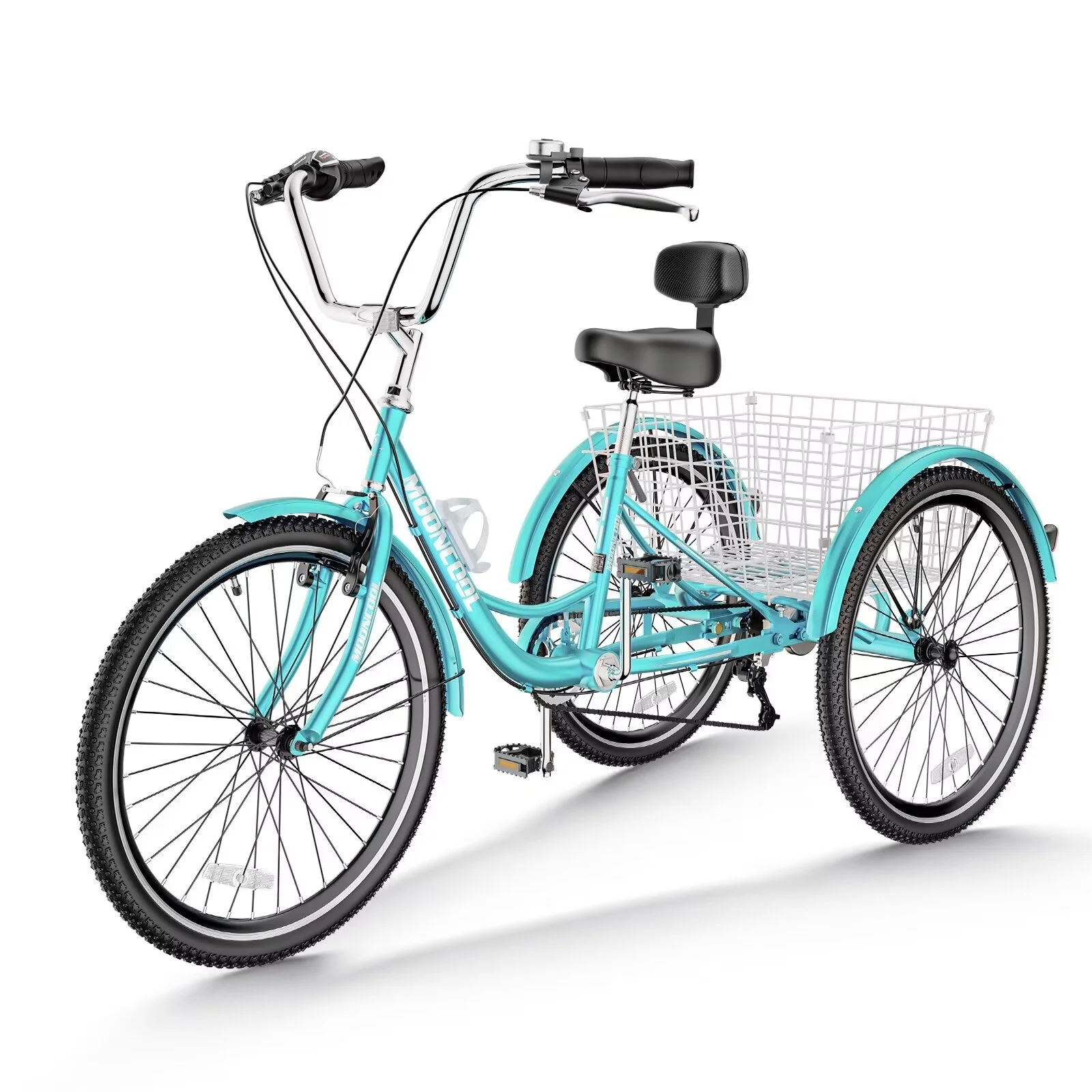 MOPHOTO 20''/24''/26'' Tricycle for Adults, 7 Speed 3-Wheel Bike, Comfort Cruiser Trike, Cyan Tricycle with Big Basket - Curated Treasures Market