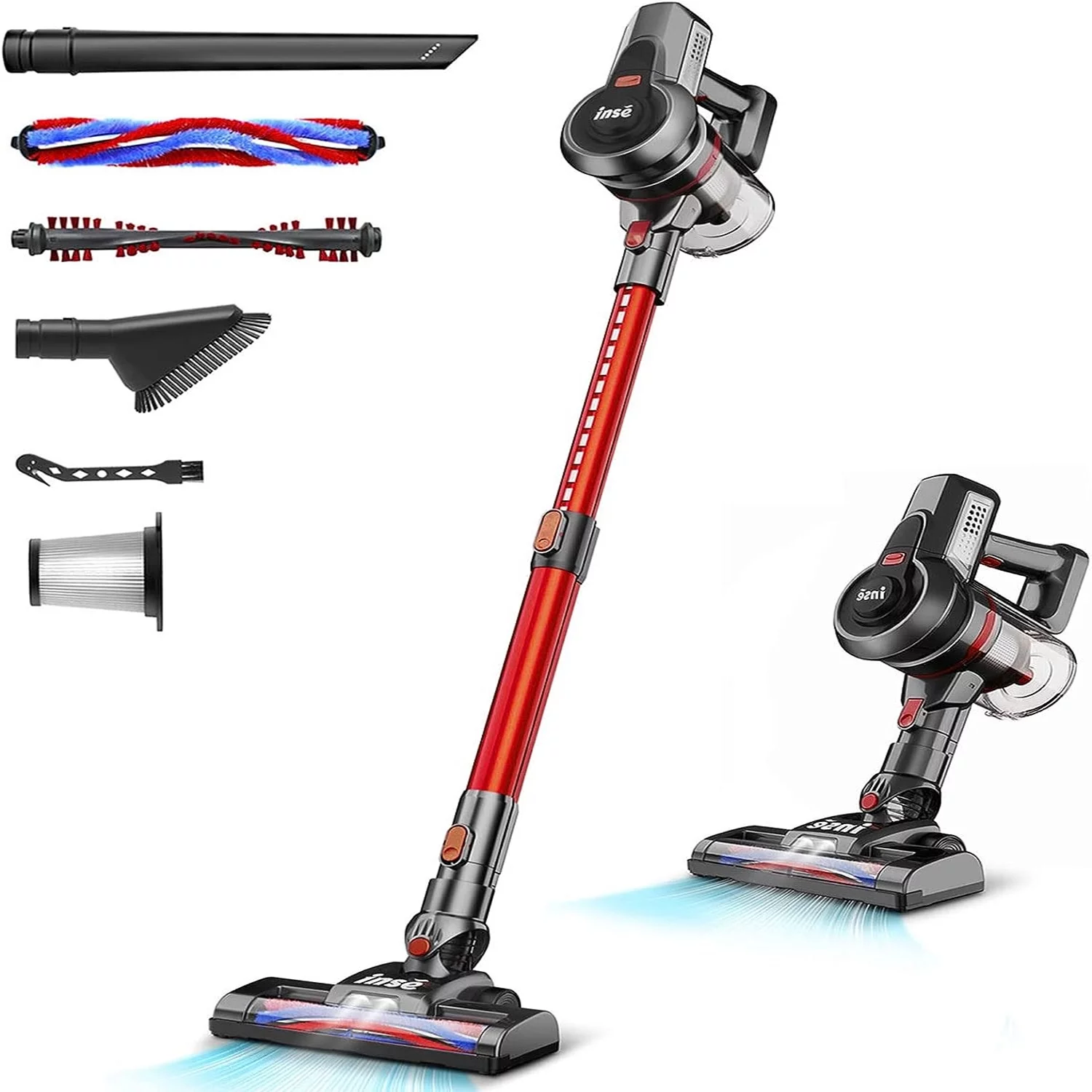 INSE N6 Vacuum Cleaner 160W Rechargeable Cordless Stick Vacuum, up to 45 minutes for Home Hard Floor Carpet Pet Hair, Red