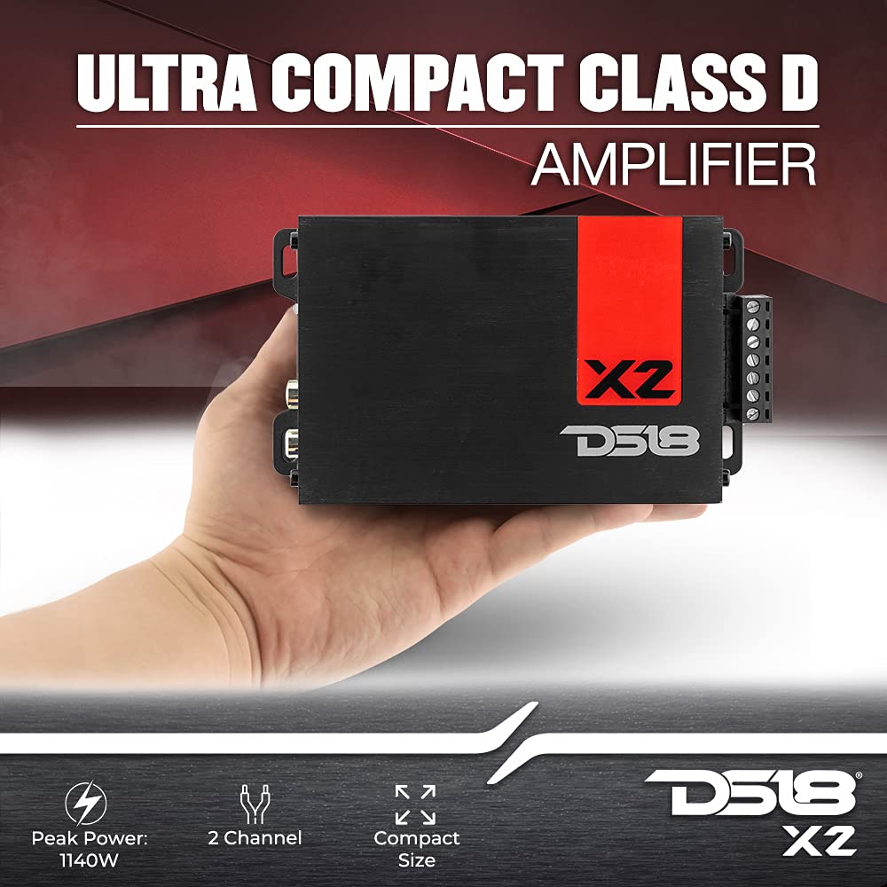 DS18 X2 Ultra Compact Car Audio Amplifier Class D 2 Channel Full Range 1140 Watts Peak