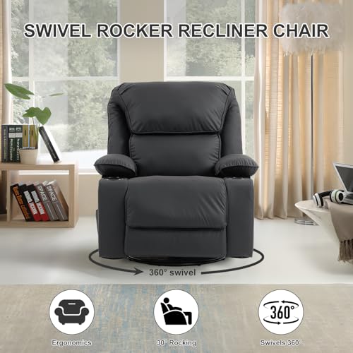 Rocker Recliner Chair with Massage and Heated, 360°Swivel Rocking Chairs with Cup Holders Remote Control for Living Room (Gray Oatmeal)