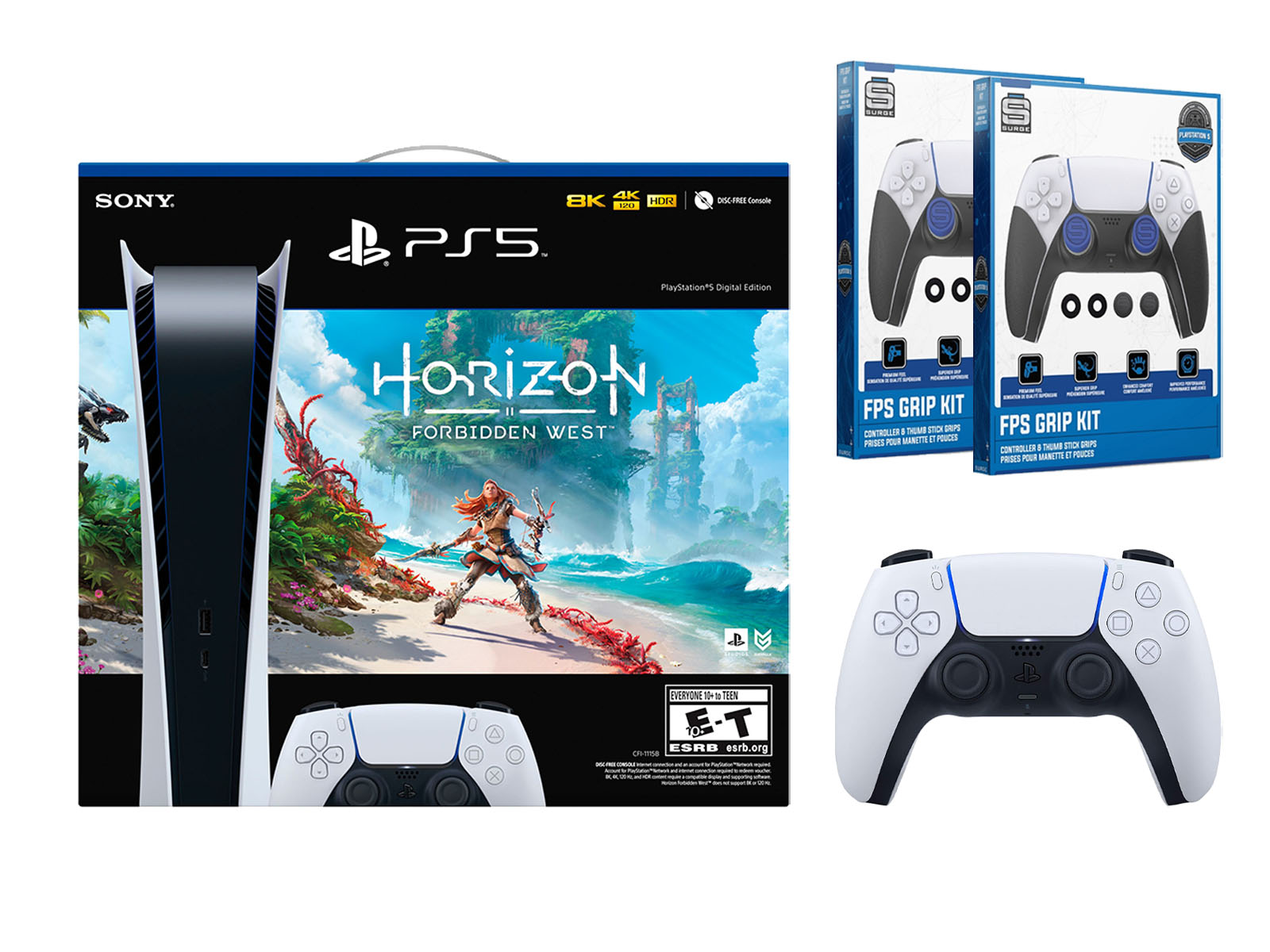 Sony Playstation 5 Digital Horizon Forbidden West Bundle with Extra White Controller with 2 Pack Surge FPS Grip Kit with Precision Aiming Rings