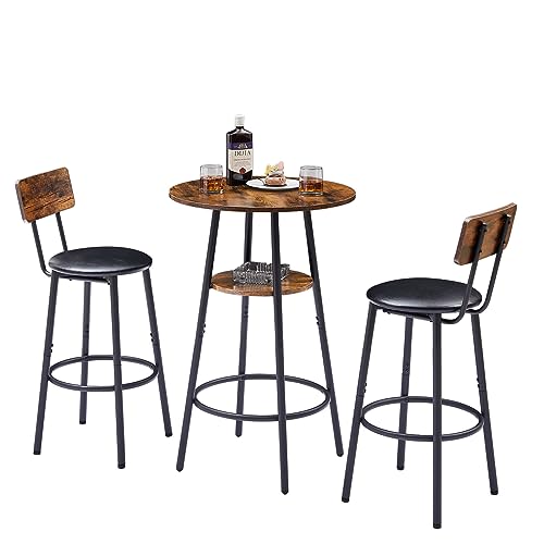 3-Piece Bar Table and Chairs Set for 2, Small 2-Tier Round Bistro Pub Dining Table & PU Upholstered Stools with Backrest