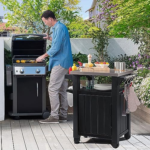 Keter Outdoor Rolling Table Cart for Food Prep, Storage, Bar & Grill, Dark Brown - Portable Kitchen Island Tabletop with Wheels for Drinks, Snacks