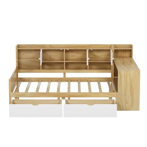 Corner Twin Bed Frame with Bookcase Storage and Desk, Wood Day Beds with 2 Drawers, Twin Size Daybed with Storage for Living Room