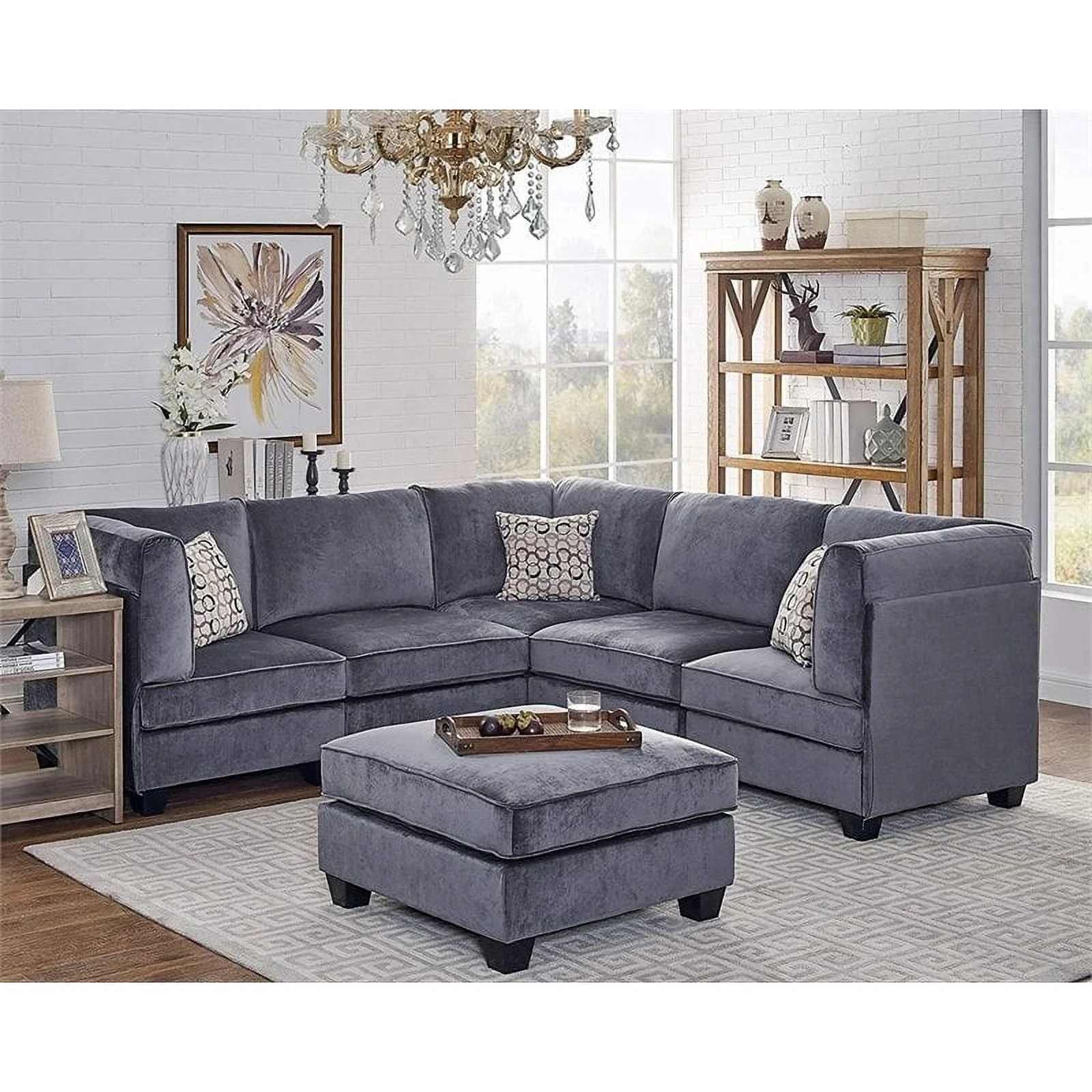 Bowery Hill Upholstery Velvet Fabric 6Pc Modular Sectional Sofa in Gray Including Ottoman and 3 Accent Pillows
