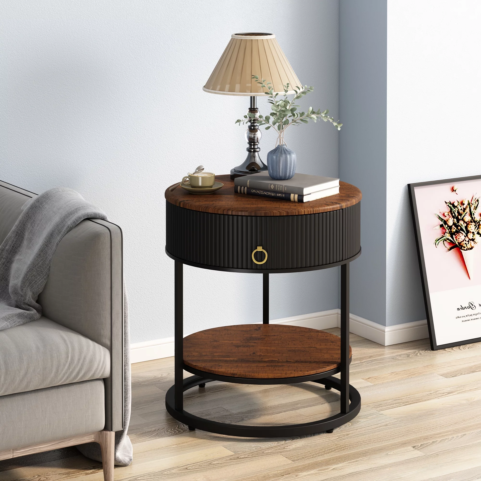 ASYA Metal End Table with Drawer, 21.65’’ Sofa Side Table, 2-Tier Round Nightstand for Bedroom, Black