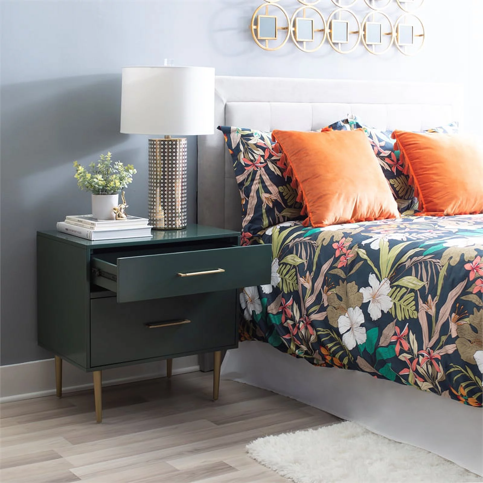 Allora Modern Two Drawer Wooden Nightstand with Two Drawers in Dark Green