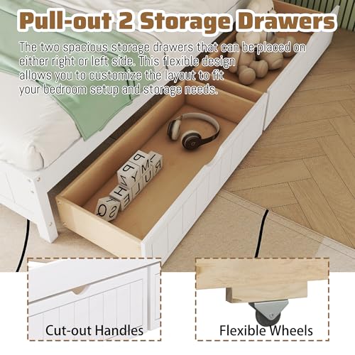 Twin Size Platform Bed with Bookcase Headboard, USB Charging Station and Downlight,Wood Twin Capatain Bed Frames with 2 Storage Drawers